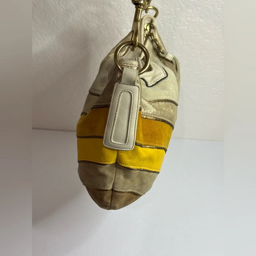 Coach Y2K Chevron Patterned Suede Leather Yellow Gold Cream Hobo Shoulder Bag